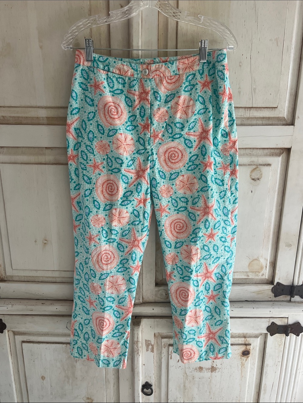 Vintage Lilly Pulitzer Coral & Aqua Shell Print Capri Pants Lds Sz 8